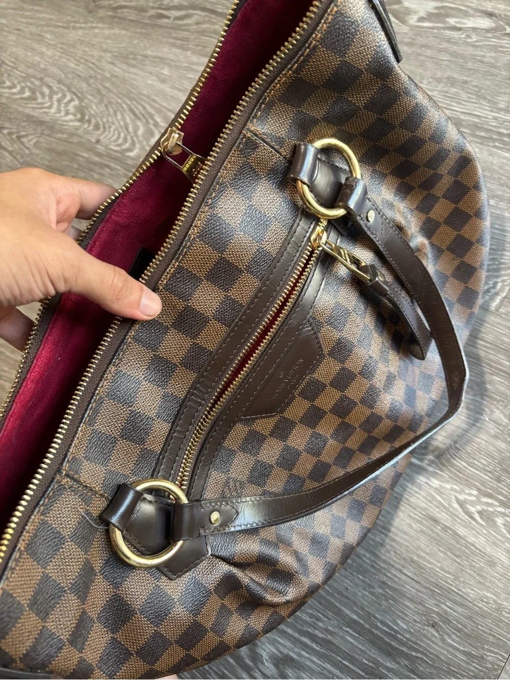 Louis Vuitton Brown Damier Shoulder Bag with Burgundy Interior